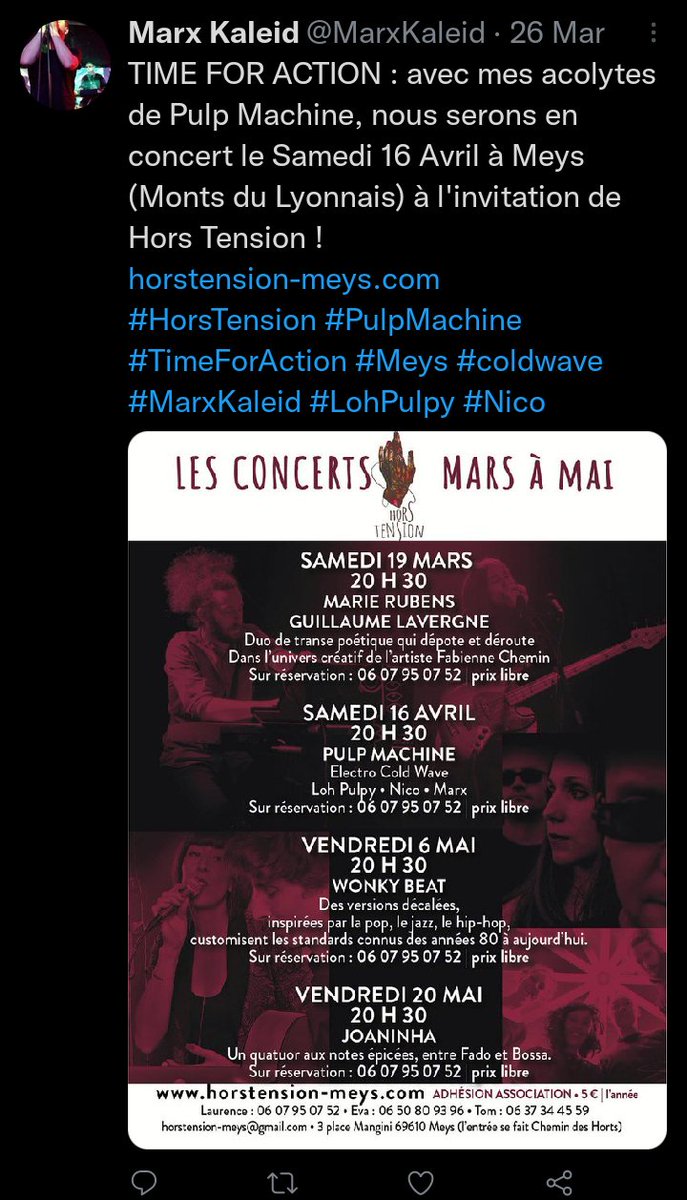 MarxKaleid's tweet photo. Après une petite fausse manip, j'ai supprimé le tweet... Mais je peux le repartager avec un screen ! On se retrouve ce soir pour Pulp Machine à Hors Tension !
https://t.co/a8hchuq6lP #HorsTension #PulpMachine #TimeForAction #Meys #coldwave #MarxKaleid #LohPulpy #Nico https://t.co/bHFRf1qSr6