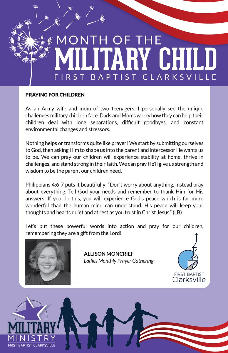 MilitaryFBCT's tweet photo. April is the Month of the Military Child #MOMC and today’s article is by Allison Moncrief on prayer.
Our prayer life often slips when everything gets busy. Yet our time in prayer is very important.
#fbct #MonthOfTheMilitaryChild #youbelonghere #prayingforourmilitary #MilMin https://t.co/8lyFa94ONr