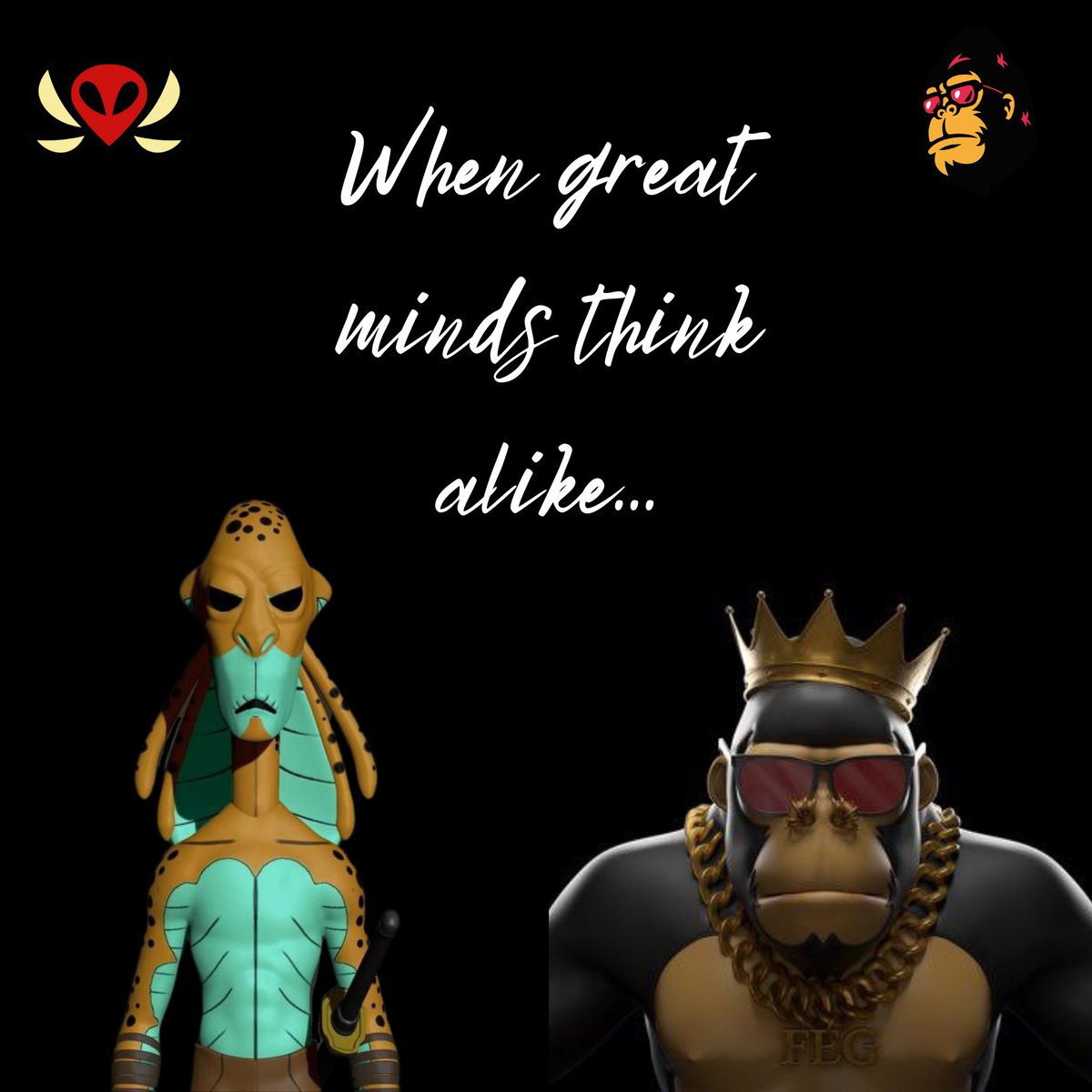 ETRepublic's tweet photo. When great minds think alike, you get 🔥🔥🔥! Who would win this awesome 3D #NFT battle? Just for fun, vote in the thread below @FEGtoken and @_AlienCult_ family 👇! #JoinAlienCult #JoinFEG #JoinROXstars https://t.co/4Q3WCslAwc