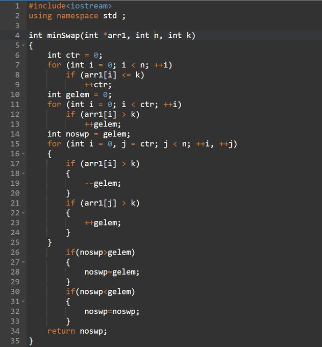 tripathi__vt's tweet photo. day"78" of #365daysofcode with 
@scaler_official
problem : "Write a program in C++ to Find minimum number of swaps required to gather all elements less than or equals to k"
//Started with C++//
#scalerdiscord #scalerlearning https://t.co/ryQgJJfI2b