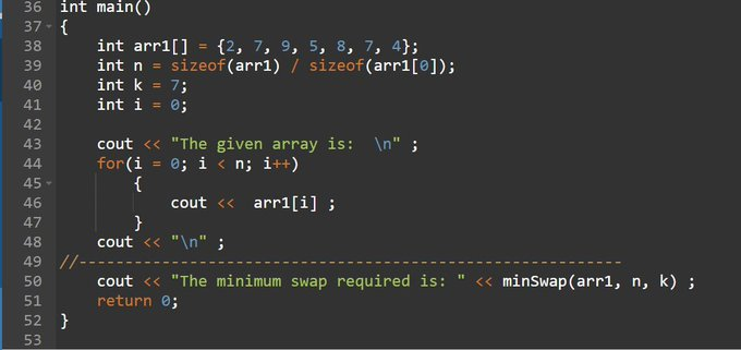 tripathi__vt's tweet photo. day"78" of #365daysofcode with 
@scaler_official
problem : "Write a program in C++ to Find minimum number of swaps required to gather all elements less than or equals to k"
//Started with C++//
#scalerdiscord #scalerlearning https://t.co/ryQgJJfI2b
