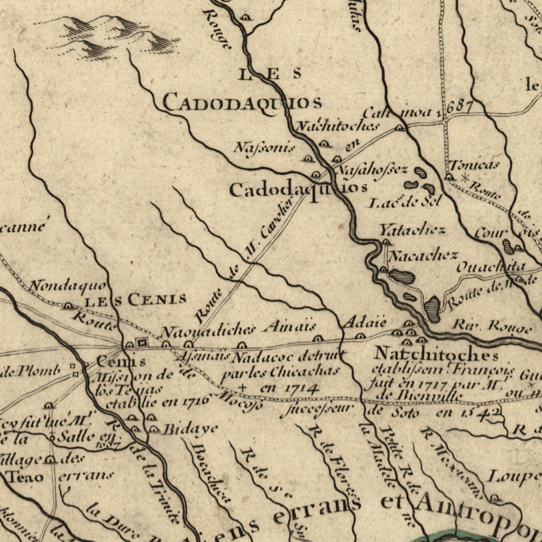 TxHistComm's tweet photo. The Spanish fort &amp; mission at Los Adaes was established in 1721 on the Texas-Louisiana frontier. Learn more about this first capital of Tejas on April 20 in a free webinar: https://t.co/jroXViyTwV

🗺: 1718 map showing a settlement of the Adai people (“Adaie”) near Natchitoches https://t.co/A2TCDhjKhG