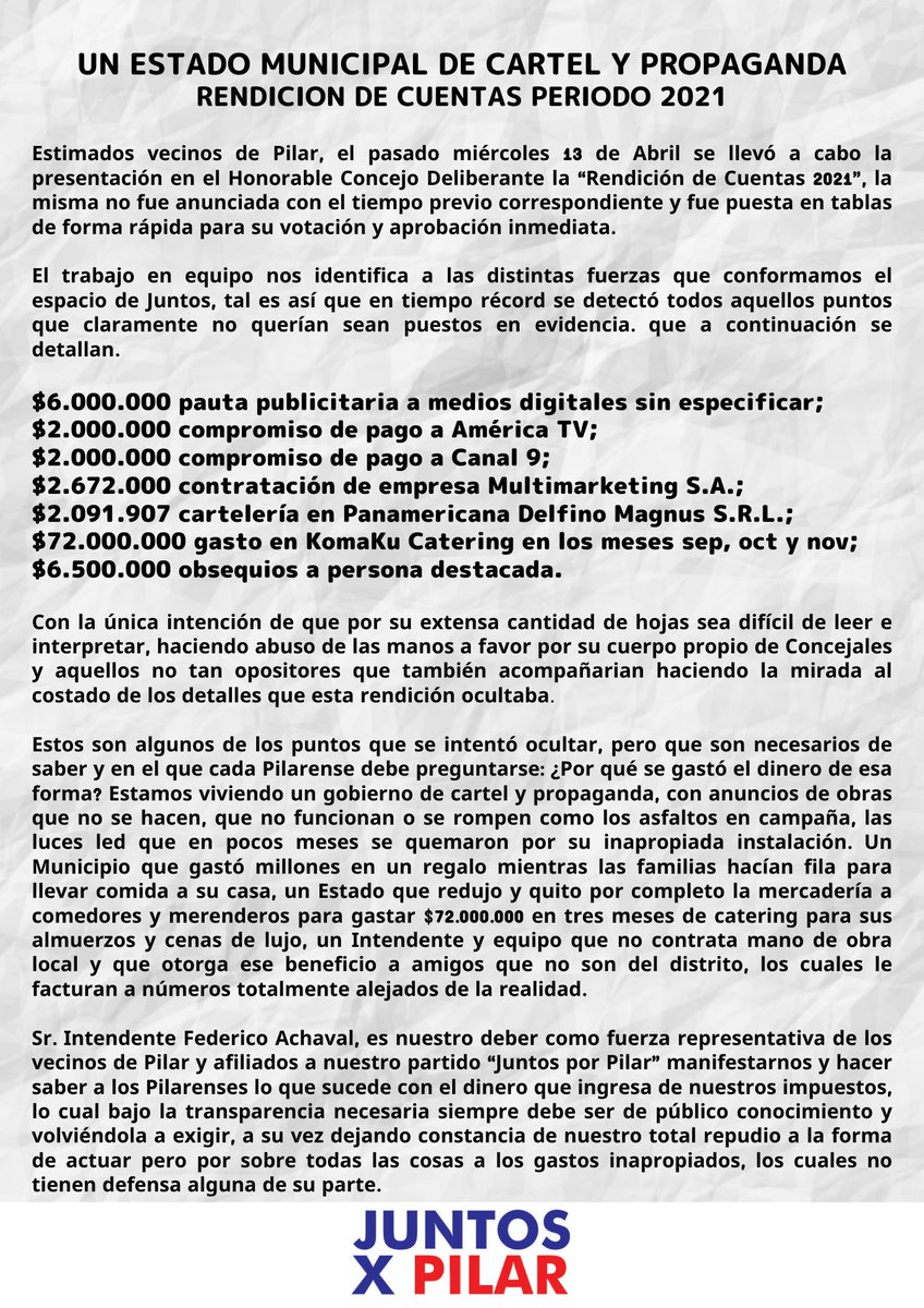 JuntosxPilar_'s tweet photo. Una gestión de cartel y propaganda, de información oculta, de gastos innecesarios y alejada de la realidad que el vecino Pilarense vive y padece por sus errores.

Acá nuestra presentación y descargo para que los vecinos sepan en que se gasta el dinero de sus impuestos 👇🏽 https://t.co/NaqUmWuo7W