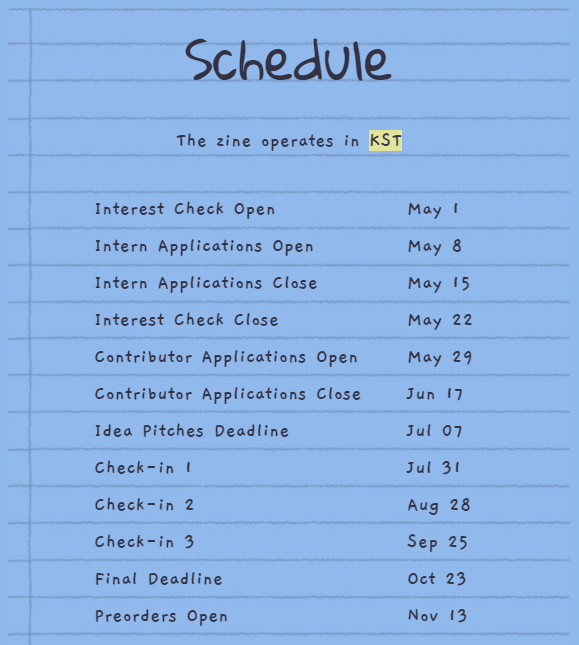 (Pssst! Did you hear the news?) 📰 Our interest check will start in 2 weeks! 

We'd also like to invite you to "re-spect" our schedule 🔍 😉 Take a look at our updated timeline here! Mod intros will also start this week so look forward to those 👀💙
