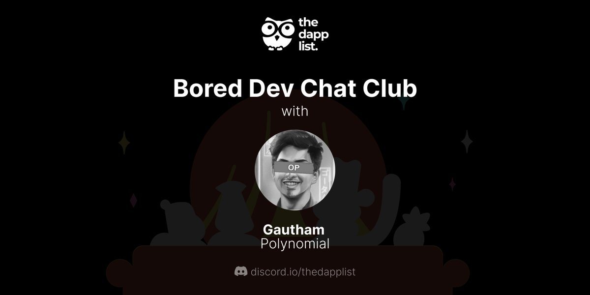 tdldoteco's tweet image. We are pleased to share that @gauthamzzz from @PolynomialFi will be joining us on the 8th session of Bored Dev Chat Club session!

Ape in Buidlers → lu.ma/Bored-Dev-Chat…