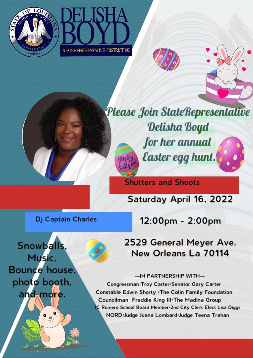 DeeBoydBroker's tweet photo. Join us today for a Family Fun Day for the kids: Easter Egg Hunt, Snowballs, Happy Meals, Music, Photo Booth, & an early visit from the Easter Bunny.
#staterepdelishaboyd #delishadelivers #delishaboydllc #happyeaster #easteregghunt #easterbunny https://t.co/FudyjDGFXx