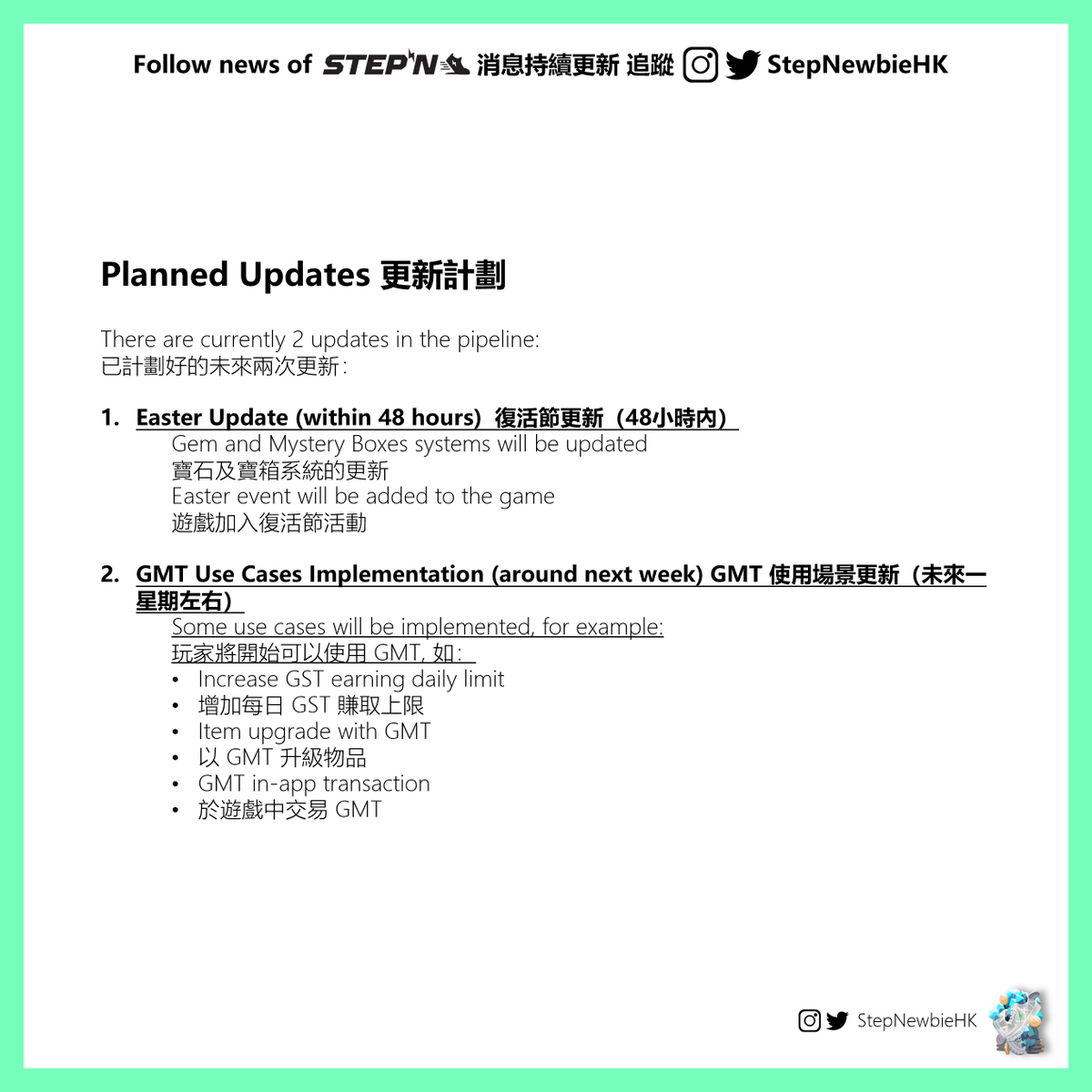 StepNewbieHK's tweet photo. The wait is over!
@Jerry10240 @yawn_rong @Barndog_Solana in @Stepnofficial Weekly AMA on 16/04 and shared about coming updates and events! Hope you enjoy a summary that I have prepared.
1/2
#STEPN #Move2Earn #STEPNewbie $GST $GMT https://t.co/JNvjGVT9hX