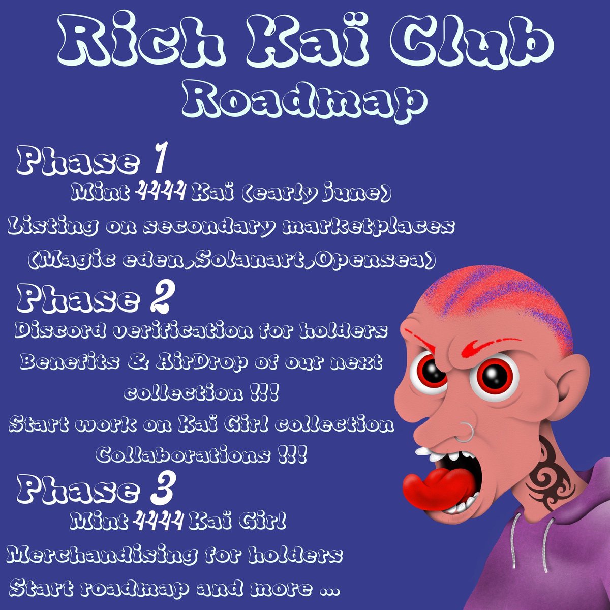 RICHKAICLUB's tweet photo. Roadmap is here !!! 🚀
#nft #NFTCommunity #opeansea #solanart #magiceden #solana #roadmapnft #Roadmap #NFTProject #nftcollectors https://t.co/xwNk07lakk