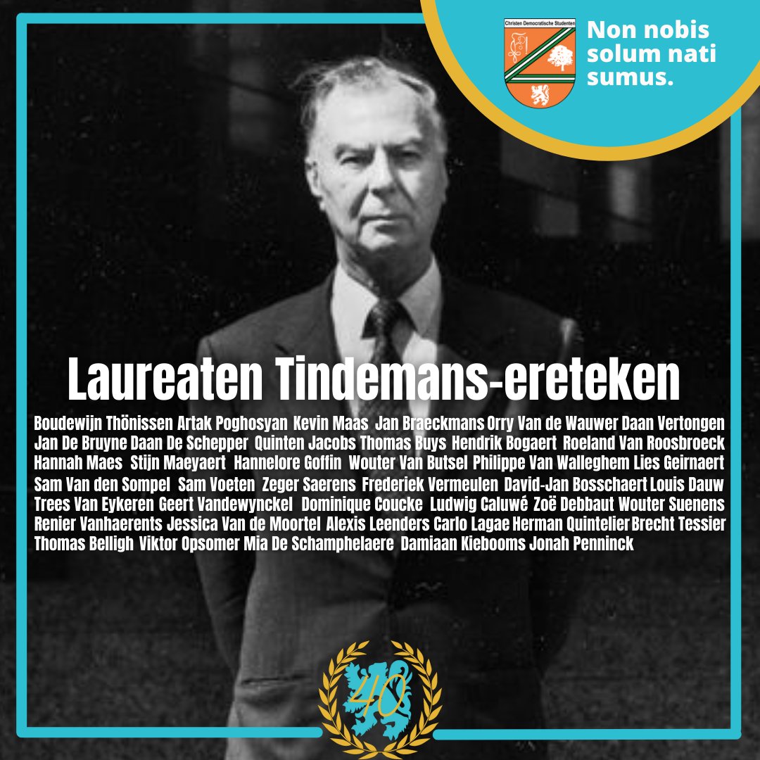 CDStudenten's tweet photo. Een veertigtal voormalige en afscheidnemende bestuursleden zal het Tindemans-ereteken opgespeld krijgen. Dat zal gebeuren op 9 juli. Dan staat immers een groot feest gepland ter ere van de 40ste verjaardag van CDS Nationaal. 🧡🤍💚

Meer info via: https://t.co/d7mQboZVPg https://t.co/IIyp341rwj