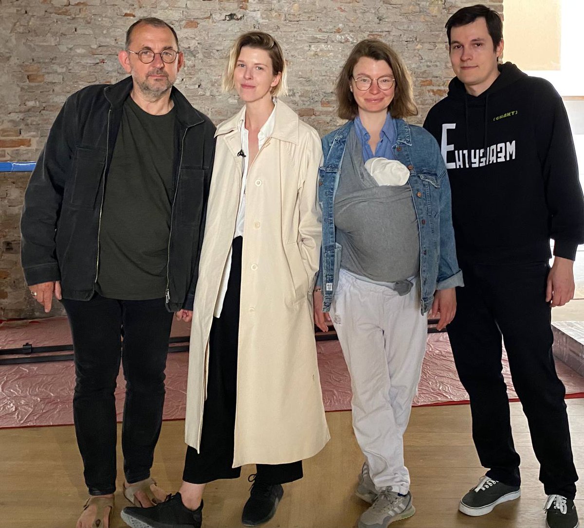 UApavilion's tweet photo. Finally together in Venice! 
Happy to confirm that our whole team will be present at the opening of the pavilion. Moreover, we have a new member joining us - young Hermann Nikiforov, Lizaveta German's son, is joining the team as chief happiness manager. https://t.co/rmW7Ay8S6c