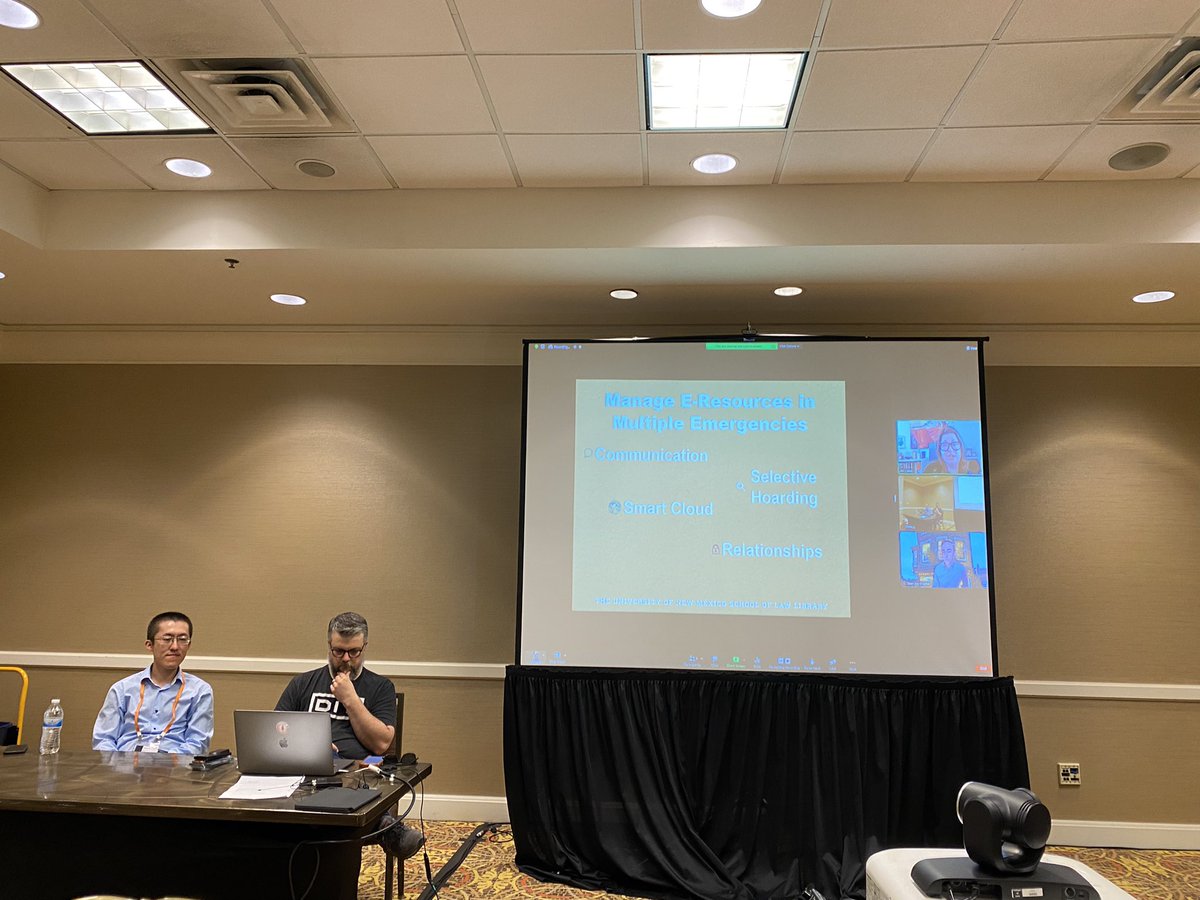 HoustonLawLib's tweet photo. Jennifer Laws @UNM, Sean Harrington @SeanLovesBooks @ASUCollegeOfLaw, Dajiang Nie @TechLawLibrary, and Kenton Brice @KentonBrice @UofOklahomaLaw talk about how to manage the challenges facing e-resource librarians during the next shutdown #SWALL2022 https://t.co/u48F1S5tYC