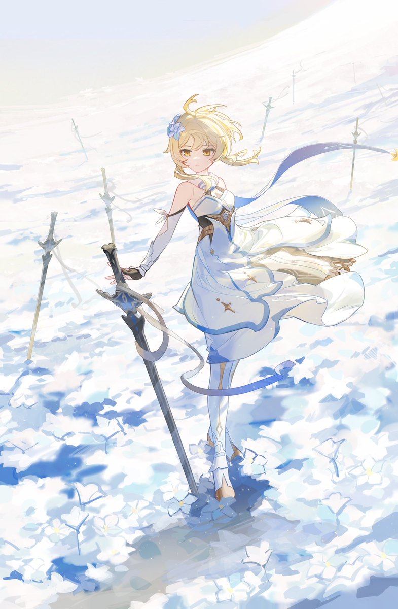 lumine (genshin impact) 1girl flower hair flower blonde hair weapon solo dress  illustration images