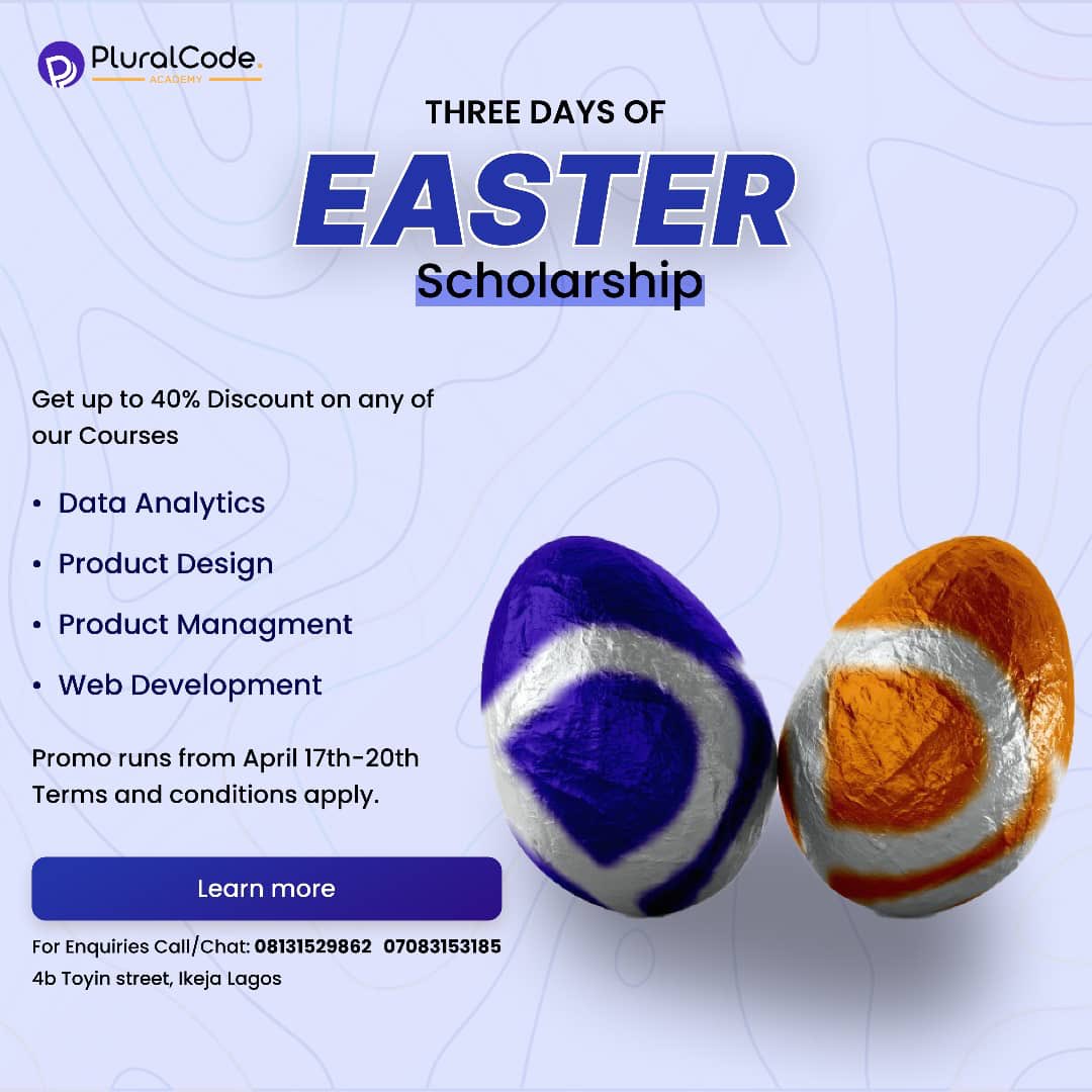 pluralcode's tweet photo. As we bask in the aura of the Easter Celebrations. PluralCode Academy is giving up to 40% scholarship on any of her courses. This Scholarship lasts for three days. It Three days of Easter!
Enroll now!
#data #tech #productdesign #webdevelopment #pluralcodeacademy https://t.co/FYF4SBhEzm
