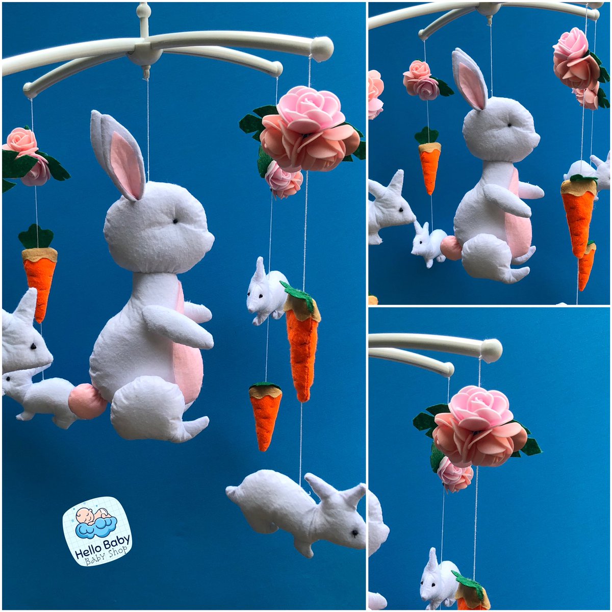 Hello everyone. Here is Rabbit mobile for nursery. It’s handmade.
