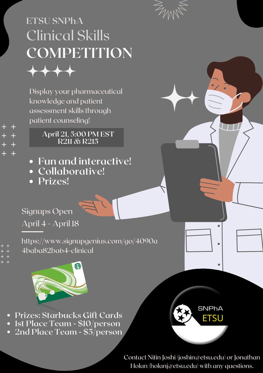ETSUSNPhA's tweet photo. Don't forget to register for our local Clinical Skills Competition - signups close THIS MONDAY, with the competition being this coming Thursday! ANYONE can participate, including P1s and non-SNPhA members! There's prizes! Sign up here: https://t.co/ravS8dhlYT https://t.co/Q1LkBqAL52