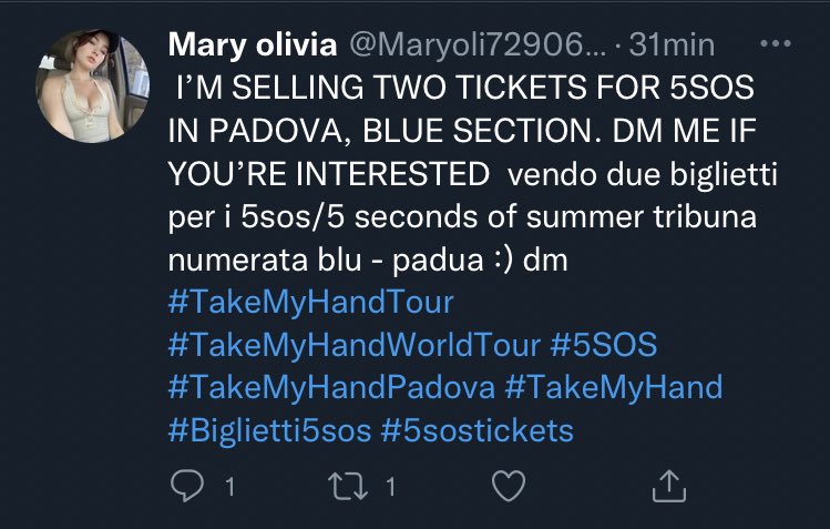 besideale's tweet photo. hi! @/maryoli72906016 is trying to scam people :) they said they’d buy my tickets but when i didn’t agree to send them before receiving the money they blocked me and then stole my tweet, to use the pic i sent them as proof and scam someone else

#TakeMyHandTour padova padua 5sos https://t.co/syQXmdjYc0