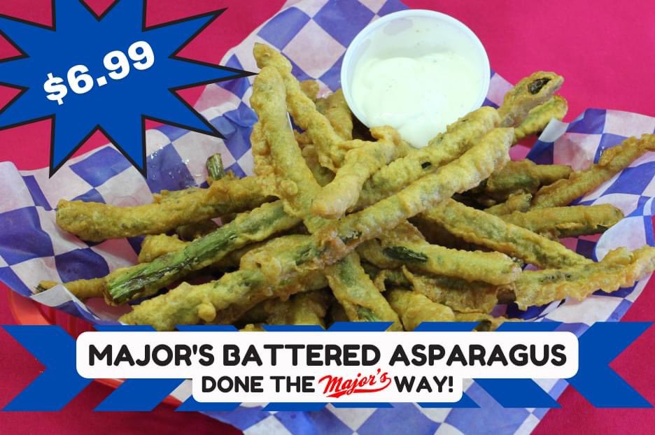 IT’S BACK! TODAY - April 16! Majors Restaurant amazing battered FRESH asparagus. One of the true seasonal delights in the valley. So tasty!! 💯😋 #asparagus