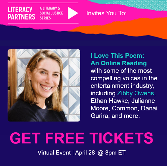LitPartners's tweet photo. Join Zibby Owens for I Love This Poem: An Online Reading on Thursday, April 28 at 8pm ET. Get Tickets HERE: https://t.co/Sn1fmZqyf0
#LiteracyPartners #racialjustice #socialjustice #ilovethispoem #wordsshapeourworld #backbypopulardemand #poetrymonth #zibbyowens https://t.co/xEPRvFj92T