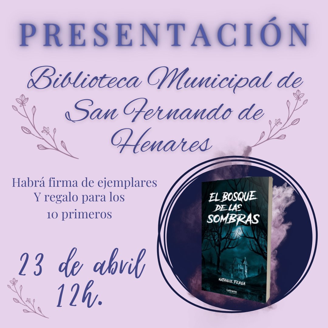 nathalieferga's tweet photo. ❗PRESENTACIÓN❗
El sábado 23 de abril será la 2ª presentación de "El bosque de las sombras". 📚
Tendrá lugar en la Biblioteca Municipal de San Fernando de Henares, a las 12h. 🕛
¿Te veré por allí?🤗
#presentación #elbosquedelassombras #nathalieferga #EBDLS #bibliotecasanfer https://t.co/fjnSom5rHc