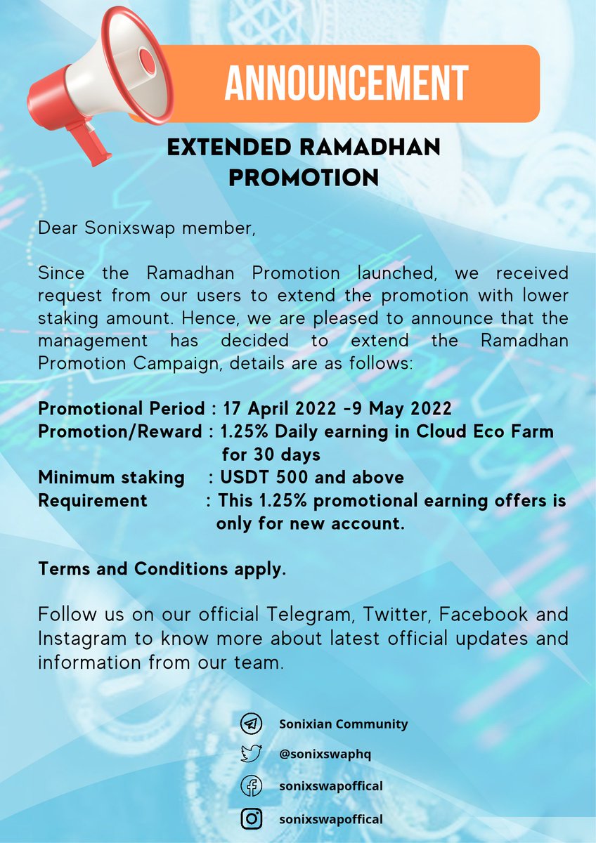 It's official! We received so many request for us to extend the promotion so as to give opportunity to all client. We have also reduced the minimum staking amount as per majority request. Don't miss it!!!