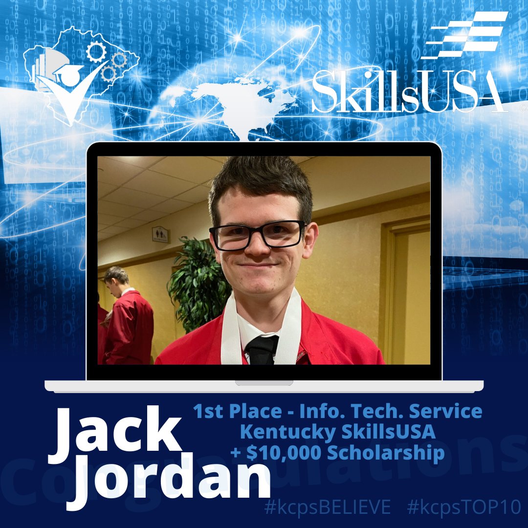 🏆First in the state!  Congratulations to Jack Jordan, student at Knox County Career and Technical Center, for earning 1st in Information Technology Service at SkillsUSA. Not only did he earn 🥇but also a $10,000 scholarship to Sullivan University.
#kcpsTOP10 #kcpsBELIEVE