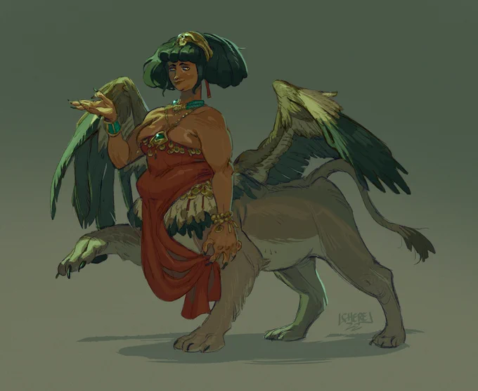 I wanted to draw a sphinx but I gave her a human bust, so I'm not quite sure if she really counts as one. 