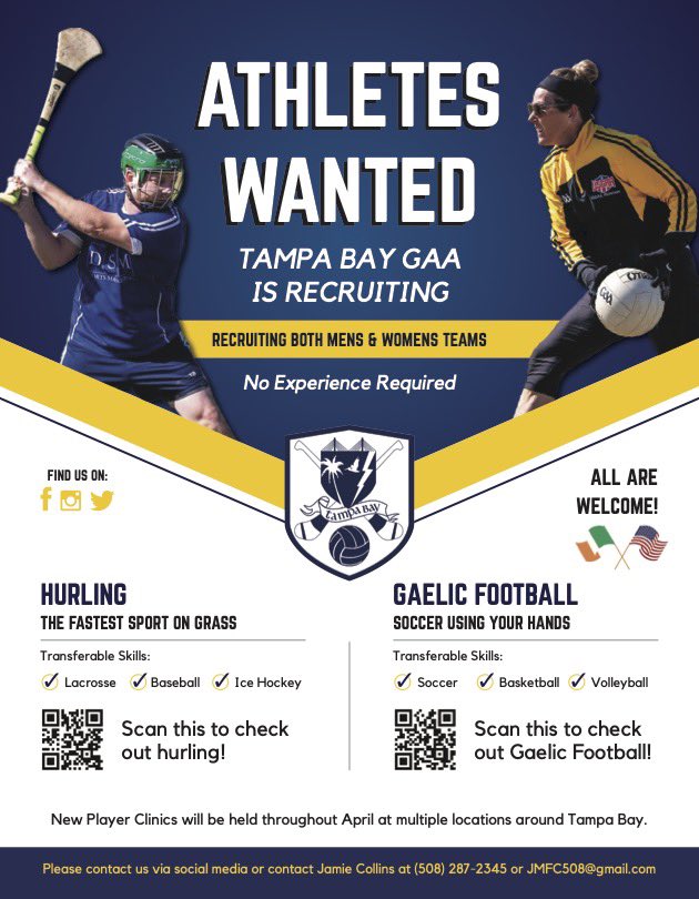Hurling Scrimmage/Open House 
10 AM Sunday @ Davis Islands Seaplane Basin Park 
Social event after at Molly Malones Pub. All are welcome - especially beginners. #socialhurling #gaa #tampa