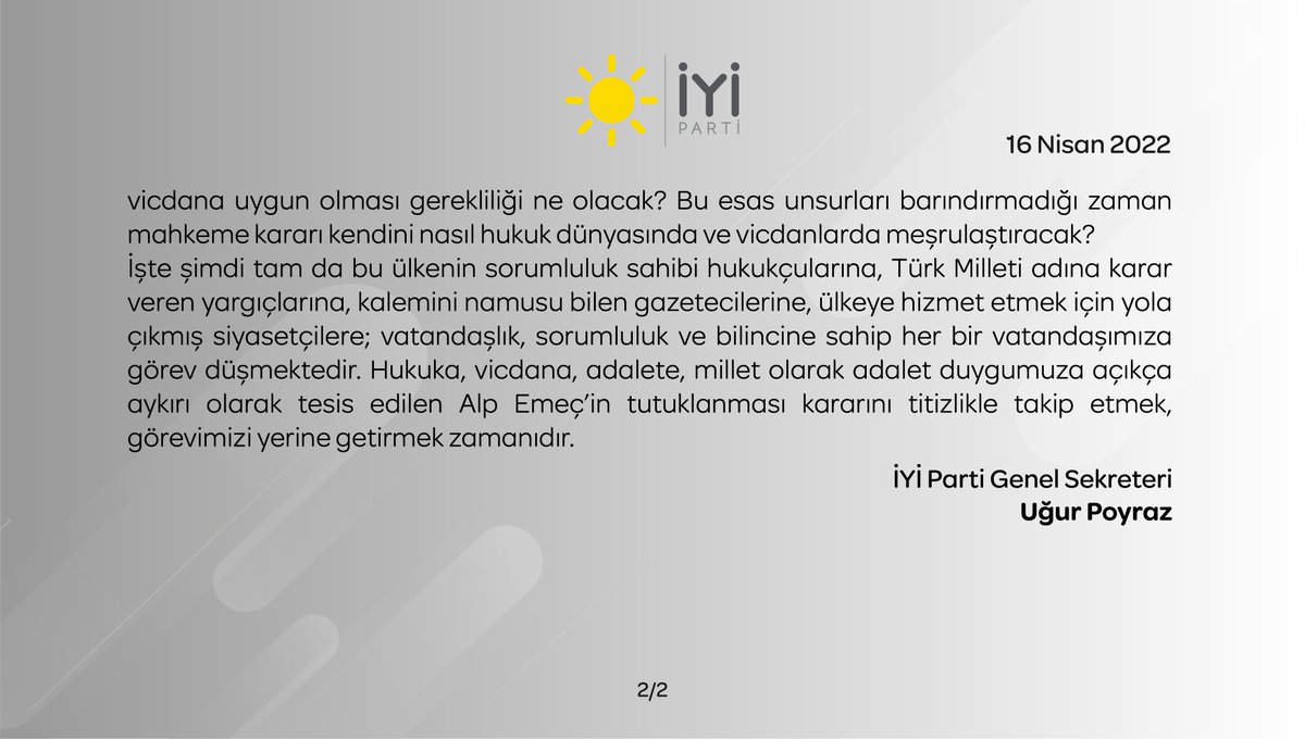 iyiparti's tweet photo. Bir Türk gencini sosyal medya paylaşımı yüzünden tutuklama kararı;

Kodlarıyla oynanmış hukuk sistemimizden, adaletin tamamen çekip gitmesinin ispatıdır.

Yargı kararı hukuka, vicdana, adalete ve millet olarak adalet duygumuza açıkça aykırıdır.

#AlpEmeçSerbestBırakılsın https://t.co/CqnNcRBr3Q