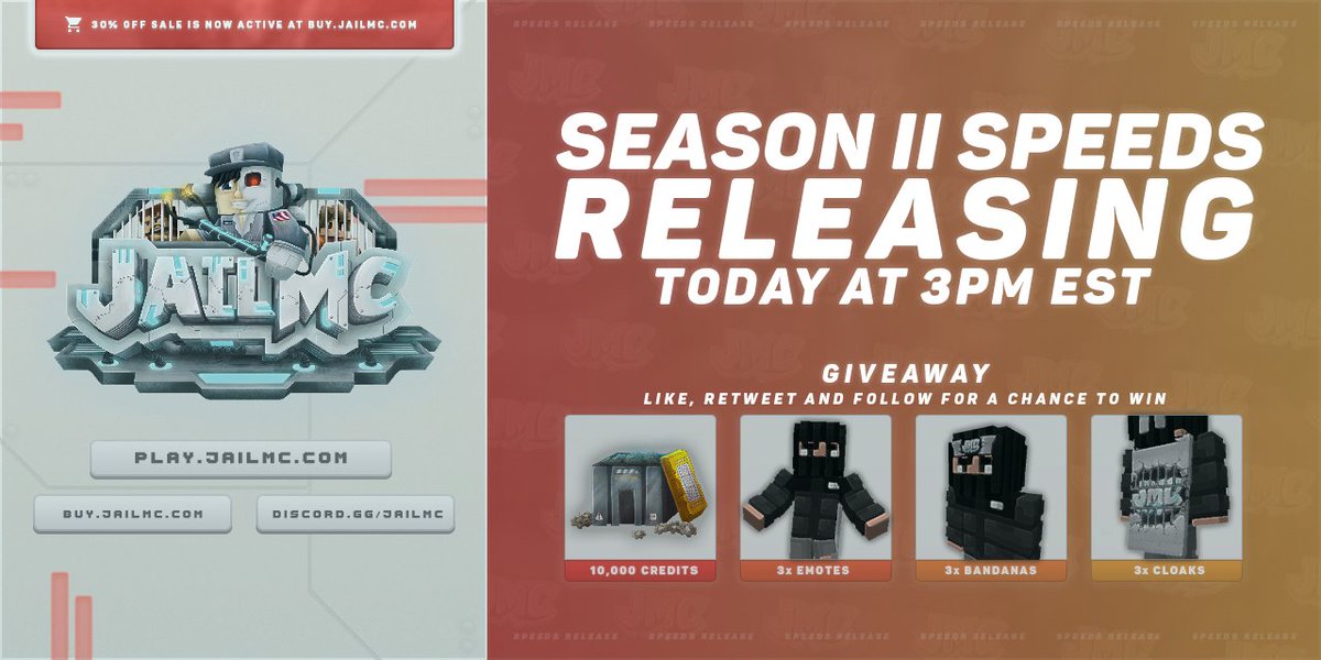 JailMC | Speeds Season II🚀

Speed Prison Season II releases in 2 Hours!

In celebration we'll be giving away:

▫️ 3x 10,000 Credits
▫️ 3x Lunar Bandanas
▫️ 3x Lunar Cloaks
▫️ 3x Lunar Emotes

To enter simply Retweet, Like, and Follow <a href="/JailMCPrison/">JailMC</a>!