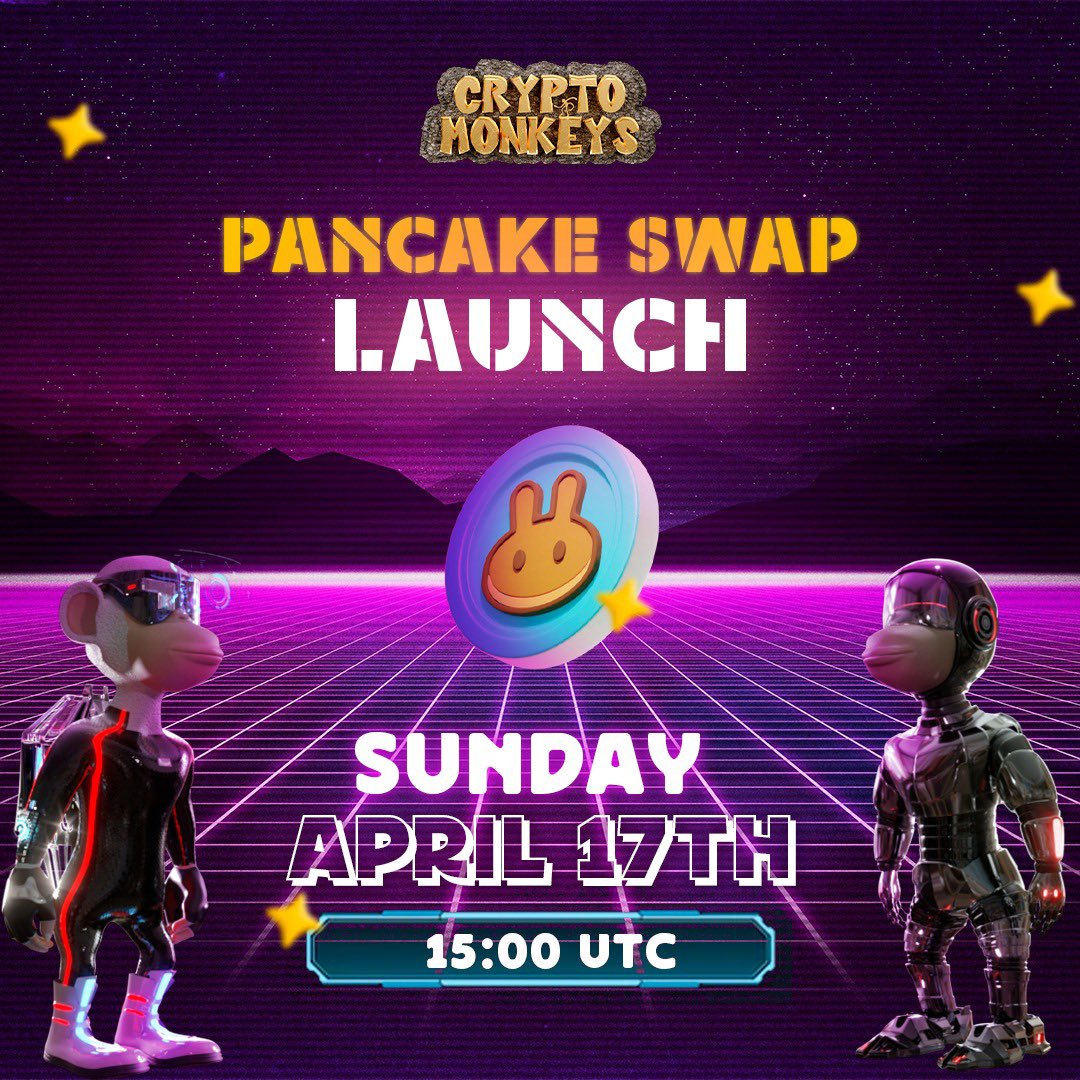 _CryptoMonkeys's tweet photo. Tomorrow begins our story! 

Our token will be listed on PancakeSwap, April 17th (this Sunday) at 15:00 UTC.

The token will be listed at 0.09usd and you should buy it with BNB!

Official Contract: 0xf9b27685bfaAF96AaedffD45DA69BF7F5d0ea07D

beware of scammers and fake links! https://t.co/tNS1P3pzUE