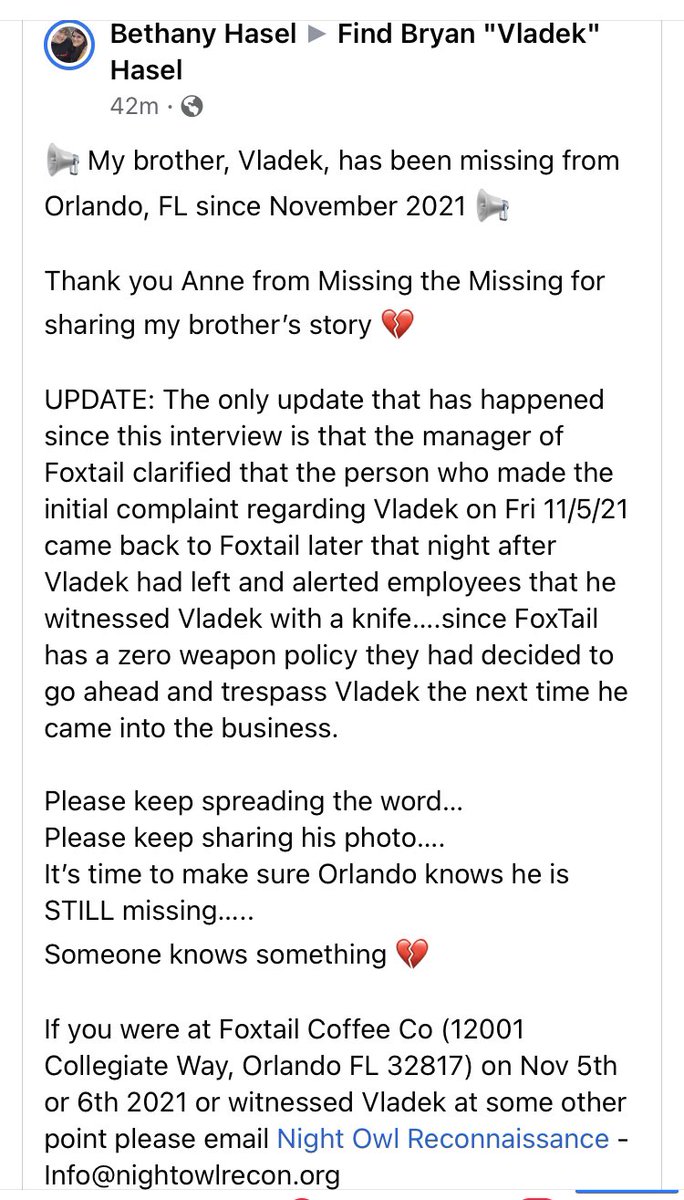 FocusN13's tweet image. 📢 My brother, Vladek, missing from Orlando, FL since Nov 2021 📢

Thank you Anne @MTMtruecrimepod for sharing my brother’s story 💔
@NightOwl_DOI 
@OrangeCoSheriff 
@CarlosGSmith 
@LindaStewartFL 
@RepStephMurphy 
@marcorubio @SenRickScott
@Nerdy_Addict 

open.spotify.com/episode/2Z72is…