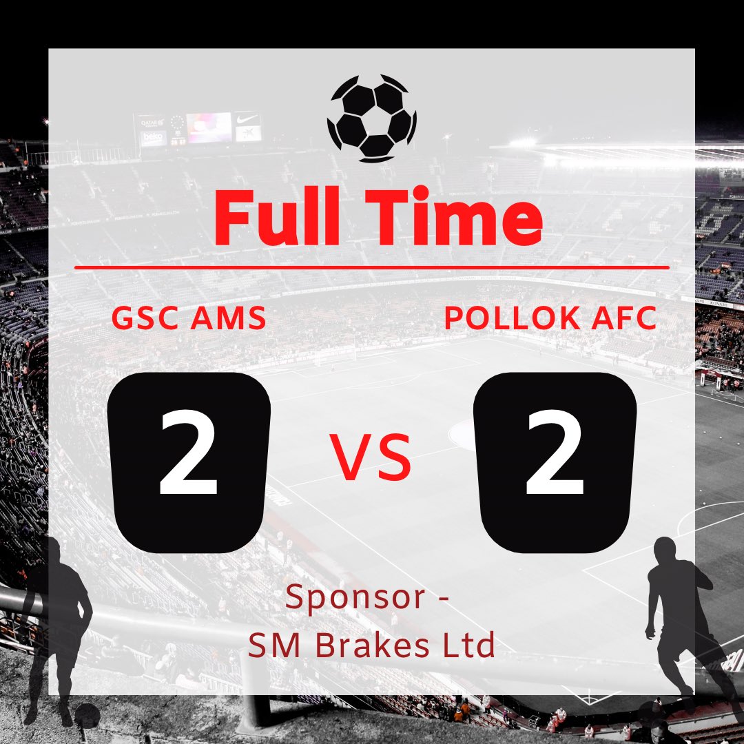 ⚽️FULL TIME RESULT⚽️

GSC Amateurs 2-2 Pollok AFC

A great game for the neutral, with GSC the 2nd division champions finding themselves 2-0 up at half time.

Pollok came back out the second half, found their composure and pulled it back to 2-2.