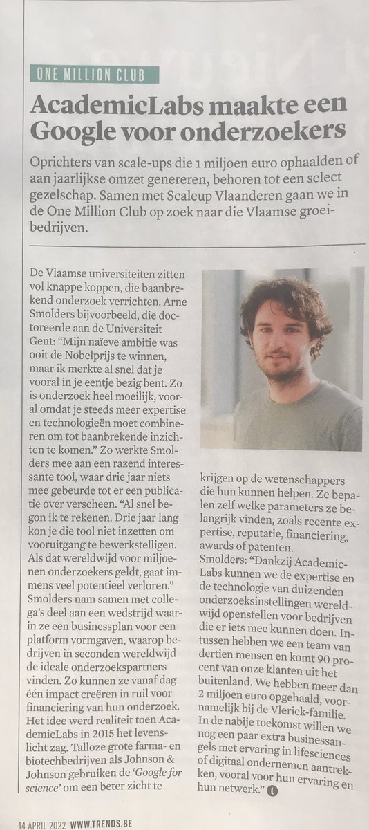 kaskoen's tweet photo. Nice coverage of @academiclabsco in @trends_be this week. Hidden #lifesciences #expertise #startups #marketplace gem with starpower #BeHealth #GoogleforScientist https://t.co/vYdeXEuxep