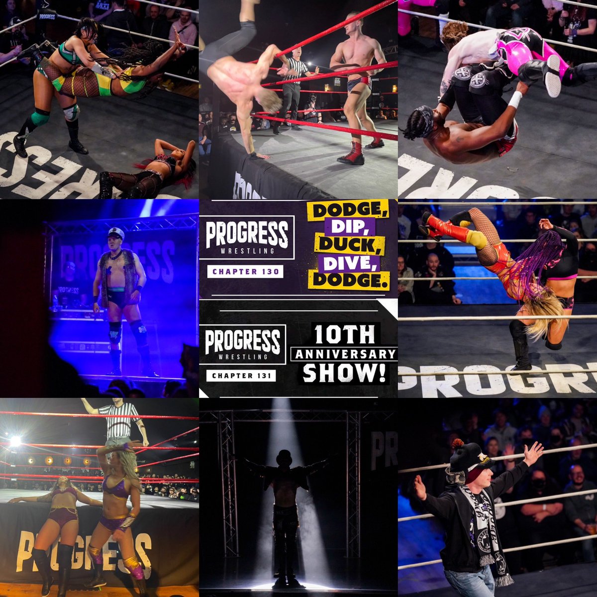 ThisIs_Progress's tweet photo. We had a busy 10th Anniversary week back in March and now the two incredible bookend shows of that week are available to watch on @WWENetwork &amp; @peacockTV 

Watch #Chapter130: Dodge, Dip, Duck, Dive, Dodge and #Chapter131: 10th Anniversary Show right now! https://t.co/LPBf4PbzwS