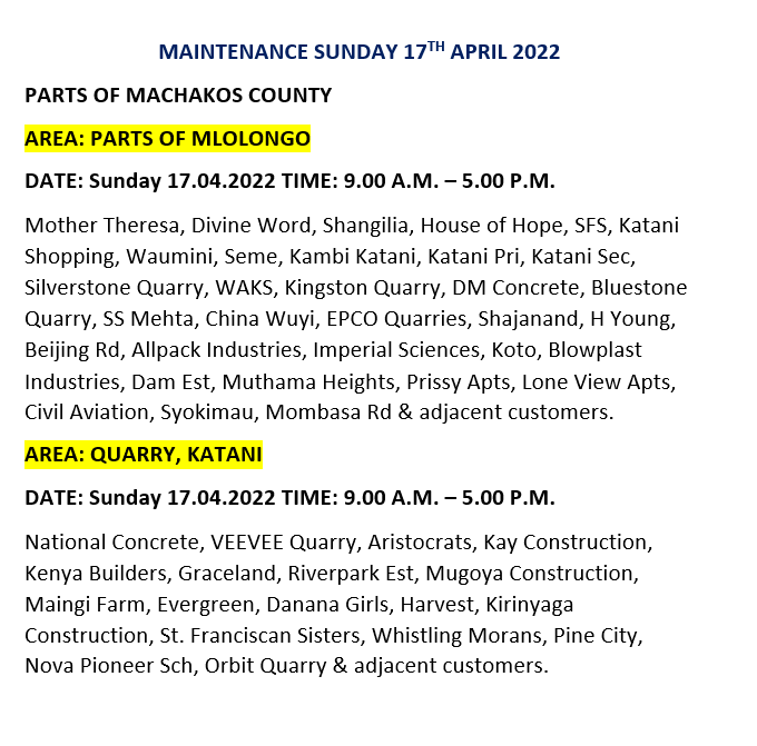 KenyaPower_Care's tweet photo. Hello, please find areas on maintenance on 17th of April 2022. ^MM https://t.co/iRGbYGovOK