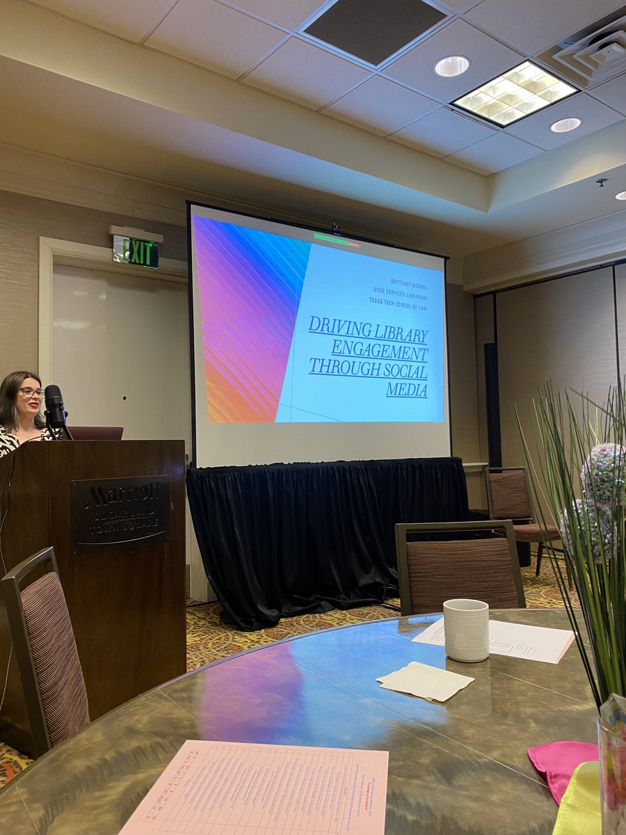 HoustonLawLib's tweet photo. Brittany Morris @TechLawLibrary provides insights on how best to drive library engagement using social media (call out to #LadyJustice!) #SWALL2022 https://t.co/5drhshYPjK