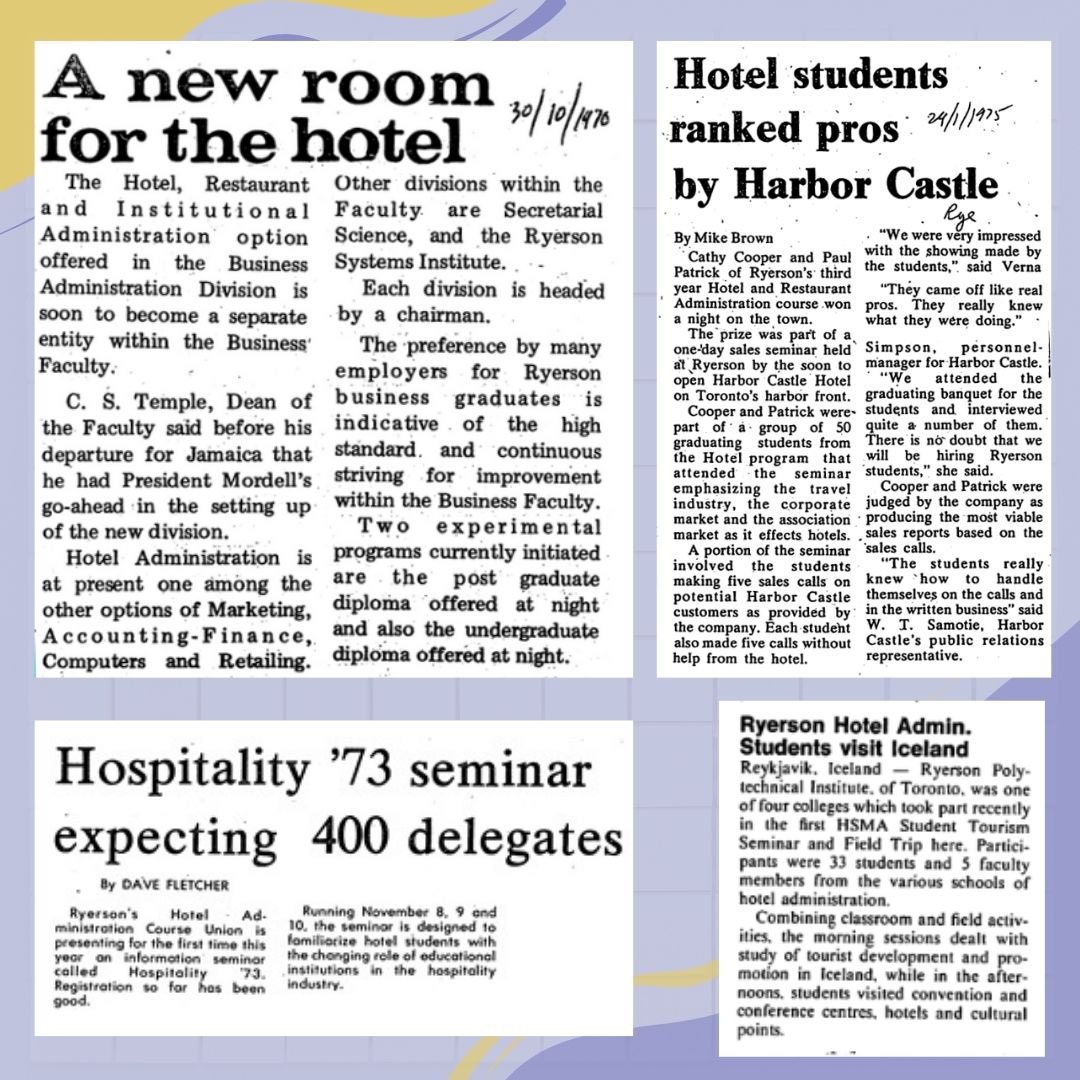 THEMTorontoMet's tweet photo. During the 70's, #HTMRyerson officially became its own entity within the @TRSMRyersonU. Supporting our students with experiential learning opportunities, showcasing our students and graduates continue to be at the heart and success of our School. #HTMCelebrates70 #the70s https://t.co/SSx2bWIapd