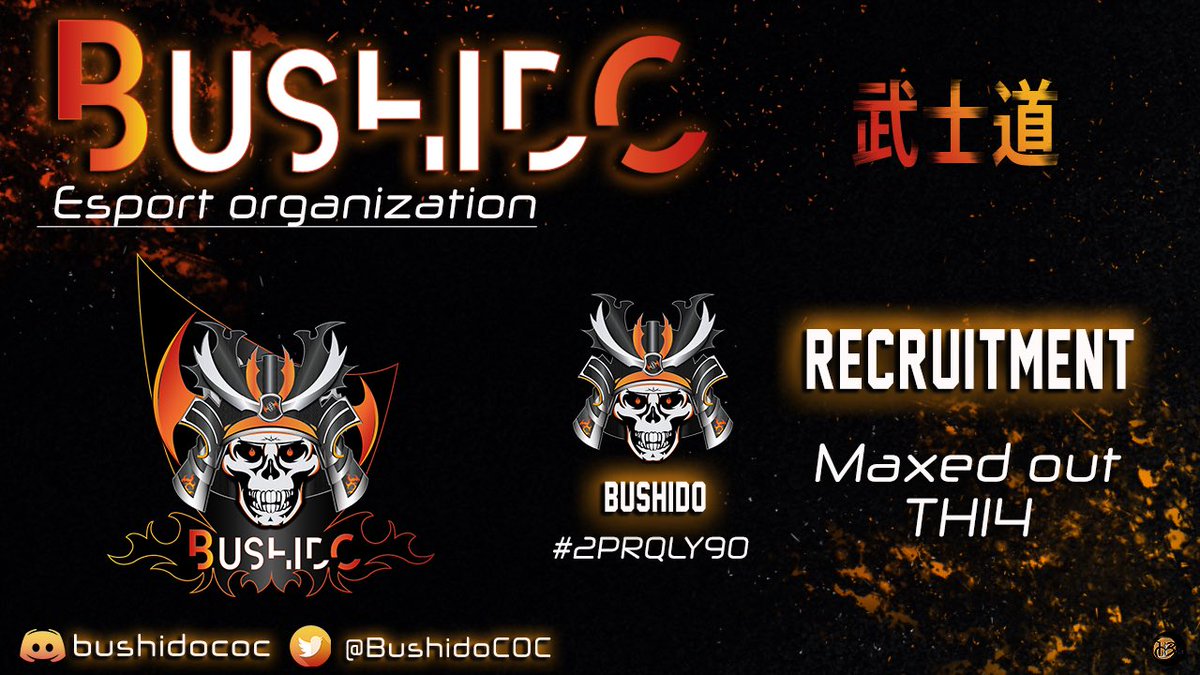 🎯RECRUITING PUSHERS🎯
 
☑️OBJECTIVES 
🛡 Level 30 Clan Level Push
⚔️ 900–>1000 war wins
🏆 Top France ladder 
📺 Events with @BigVale83 
🇫🇷 Clan francophone
🇬🇧 English speaking
🇯🇵 日本語でもオケー

‼️JOIN US‼️

#ClashOfClans #クラクラ #Bushido