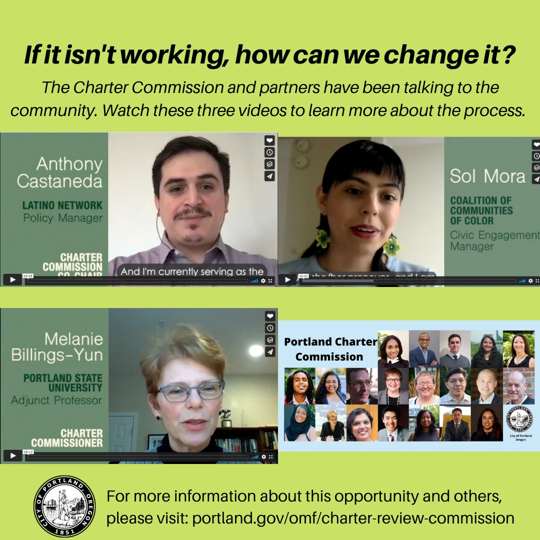 comm_civic_life's tweet photo. Watch these three videos of how the @PortlandGov Charter Commission and partners have been talking to community. Staff from @Portland_State, @colorcoalition &amp; @latnet_PDX shared their summary of where they are and how Portland can provide input: https://t.co/Ktmd5Etcwa https://t.co/fMq7NWpa6d