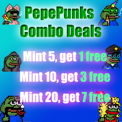 PepePunks family asked for Combo Deals. 
You get ComboDeals 🎁

Mint here
create.stxnft.com/collection/pep…
and write me a DM with your addy and I send you the free PepePunks asap 🐸

PepePunk holders > 5, check your wallets 🎁

Retweets and posts of your favorite PepePunk might win some