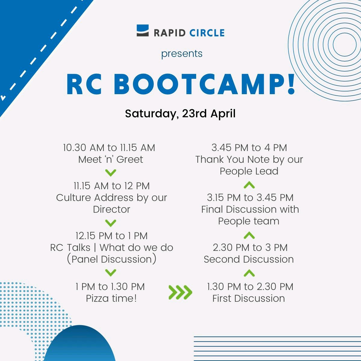 Join #rcbootcamp on 23rd April at #pune, a great opportunity for you to know us better, get to know technical insights of what we do at #rapidcircle, know about open positions and expand your network. Sign-up here bit.ly/3xyaTAK
#openofficeday