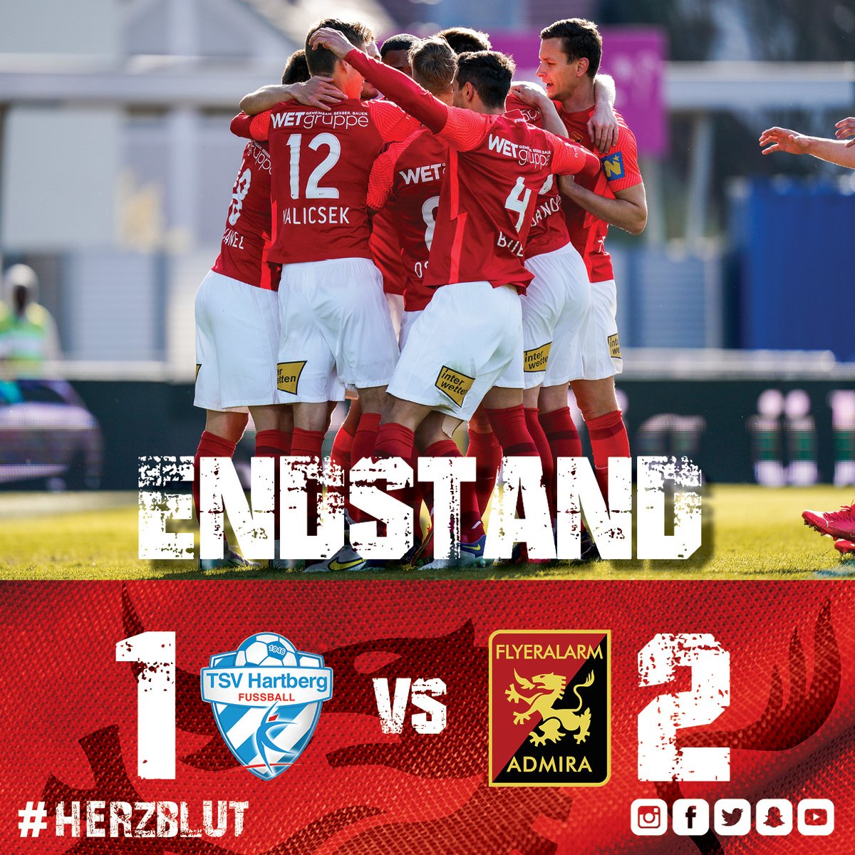 FCAdmiraWacker's tweet photo. Endstand | 1:2 #htbadm Tore: Kerschbaum (13./Elfmeter), Surdanovic (41.), Kainz (51.) | #admira #admiralbl #oefbl https://t.co/tumqLscrSN