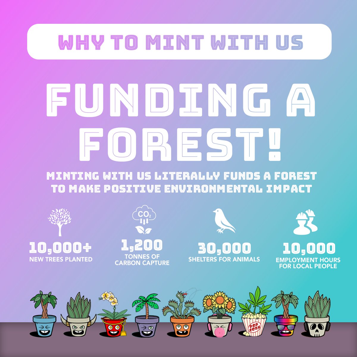 (4/11) A huge part of our project is the forest we are building at 50% sold! 

Minting with us literally funds a forest and makes a huge impact! 10,000 trees planted, 1,200 tonnes of carbon captured, 30,000 shelters for animals and 10,000 hours of employment for local people!