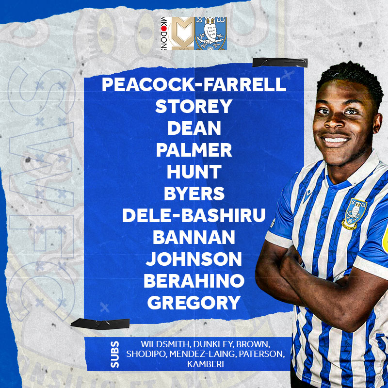 swfc's tweet photo. 𝙇𝙚𝙩'𝙨 𝙜𝙤! 👊 #MKDSHW 

Starting XI: Peacock-Farrell, Storey, Dean, Palmer, Hunt, Byers, Dele-Bashiru, Bannan, Johnson, Berahino, Gregory

Subs: Wildsmith, Dunkley, Brown, Shodipo, Mendez-Laing, Paterson, Kamberi https://t.co/pU8N20w0q3