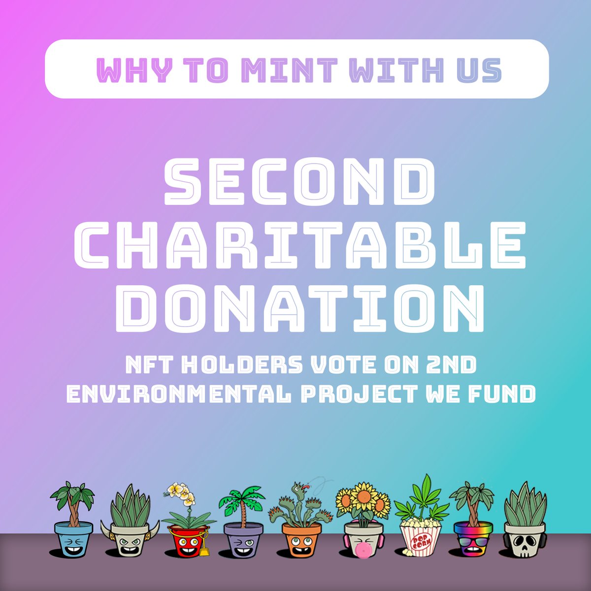 (7/11) At 100% sold, we will be funding our 2nd HUGE charitable project, which the #NFT holders get to choose! We will make suggestions of projects that target carbon reduction, urban farming for food desserts, or regenerative farming, but ultimately the choice will be up to you!