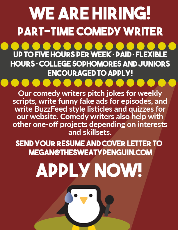 SweatPenguinPod's tweet photo. WE ARE #HIRING! Our positions are part-time, very flexible hours, and are perfect for any college students looking to build experience in their field. Send a resume and cover letter to megan@thesweatypenguin.com, and let us know how you see yourself fitting into our team 🐧💦 https://t.co/zY9zakMR76