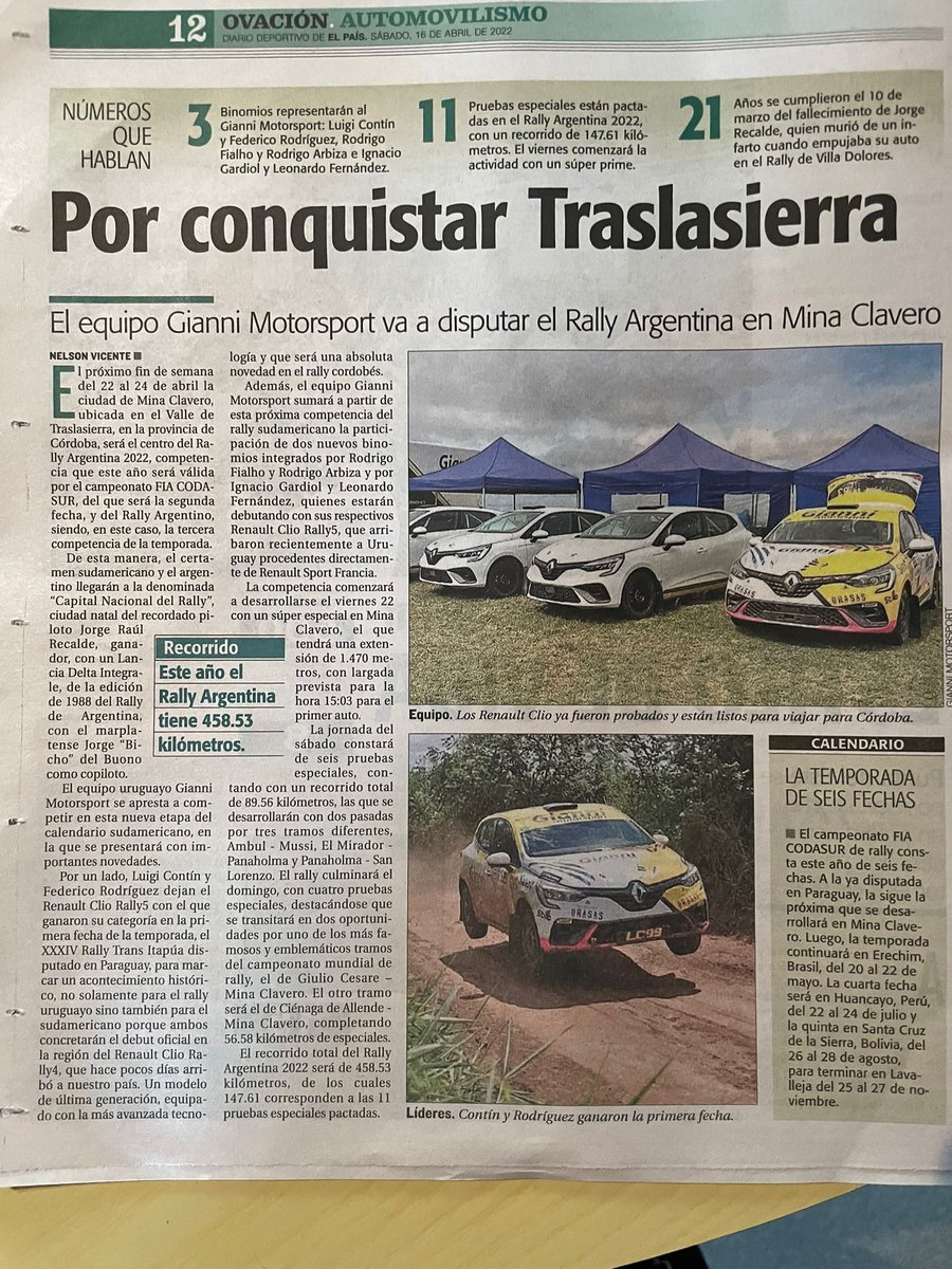 giannimotorsuy's tweet photo. Muchas gracias @pelovicenteuy por la nota en @Ovaciondigital y @motorsportsuy
.
.
.
#stilohelmets #sabelt #gianni #cliorally4 #cliorally5 #renaultsport #gprace #zestinotires #rallyargentina https://t.co/m57NT5yc2Y