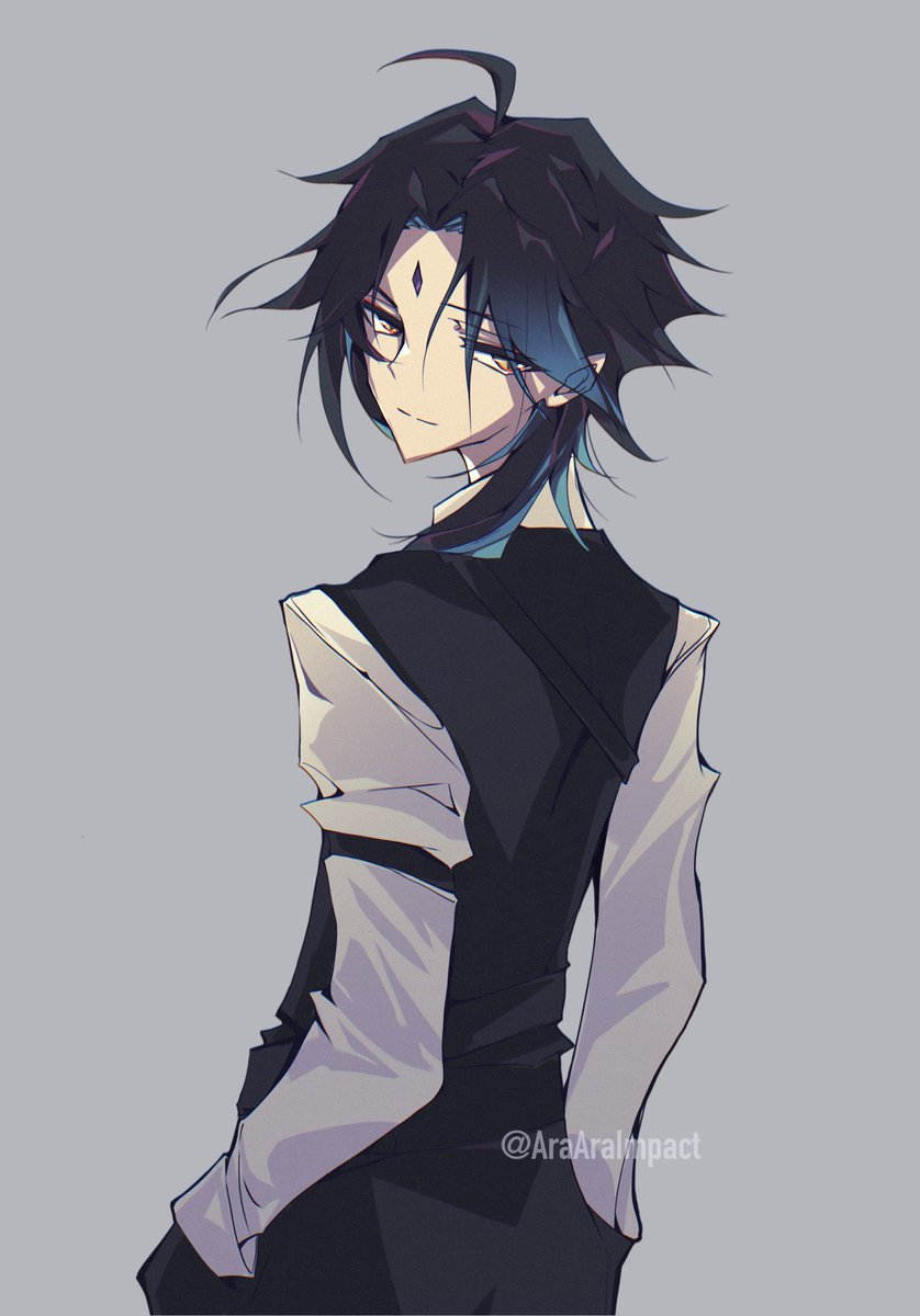 xiao (genshin impact) 1boy male focus solo simple background black hair black vest grey background  illustration images