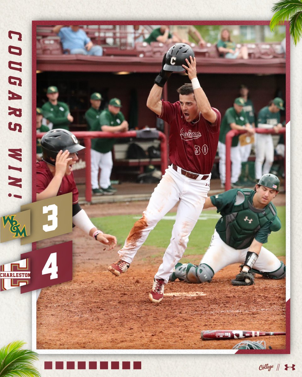 Final | #TheCollege 4, William &amp; Mary 3

The Cardiac Cougs strike again for another series win. 😏

#comeCus 🌴⚾️