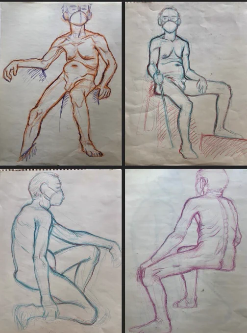 Yesterday I got back a bunch of my art from the life drawing class I took this semester and I kinda love that u can see when mask mandates were lifted lol 